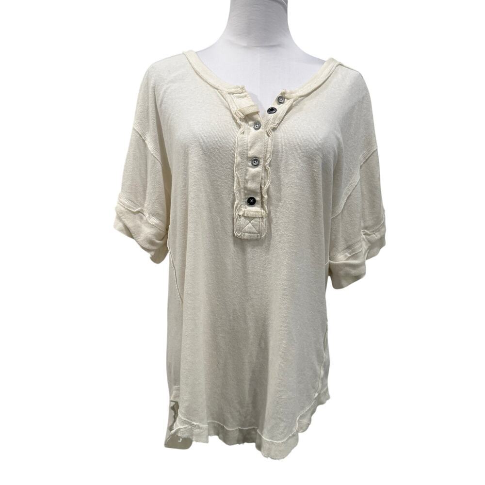 We The Free Cotton Linen Henley Top Small Cream Oversized Boho Casual Slouchy